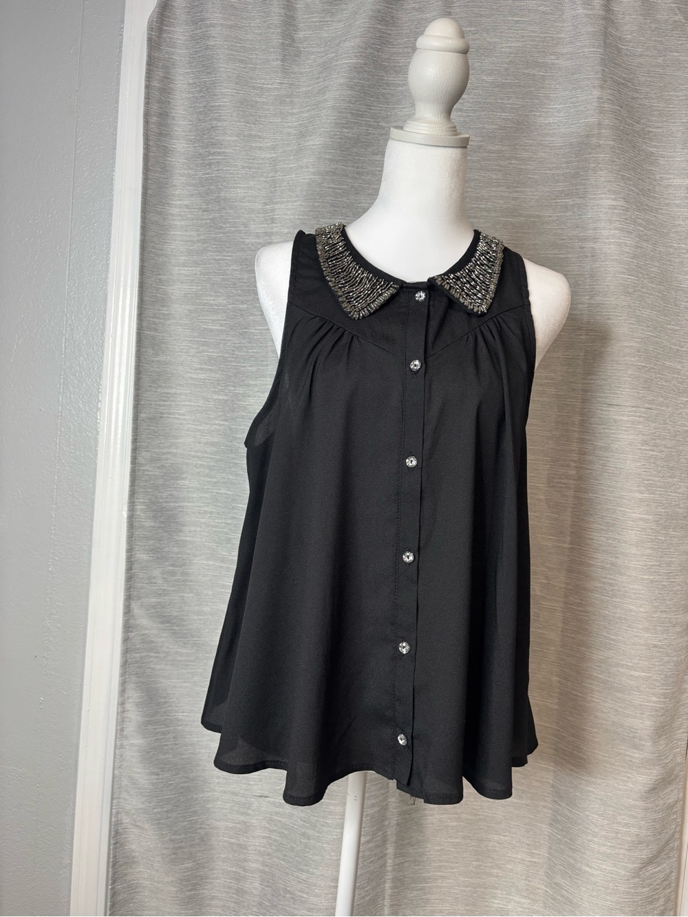 grass collection Black Sleeveless Button-Front Top with Embellished Collar